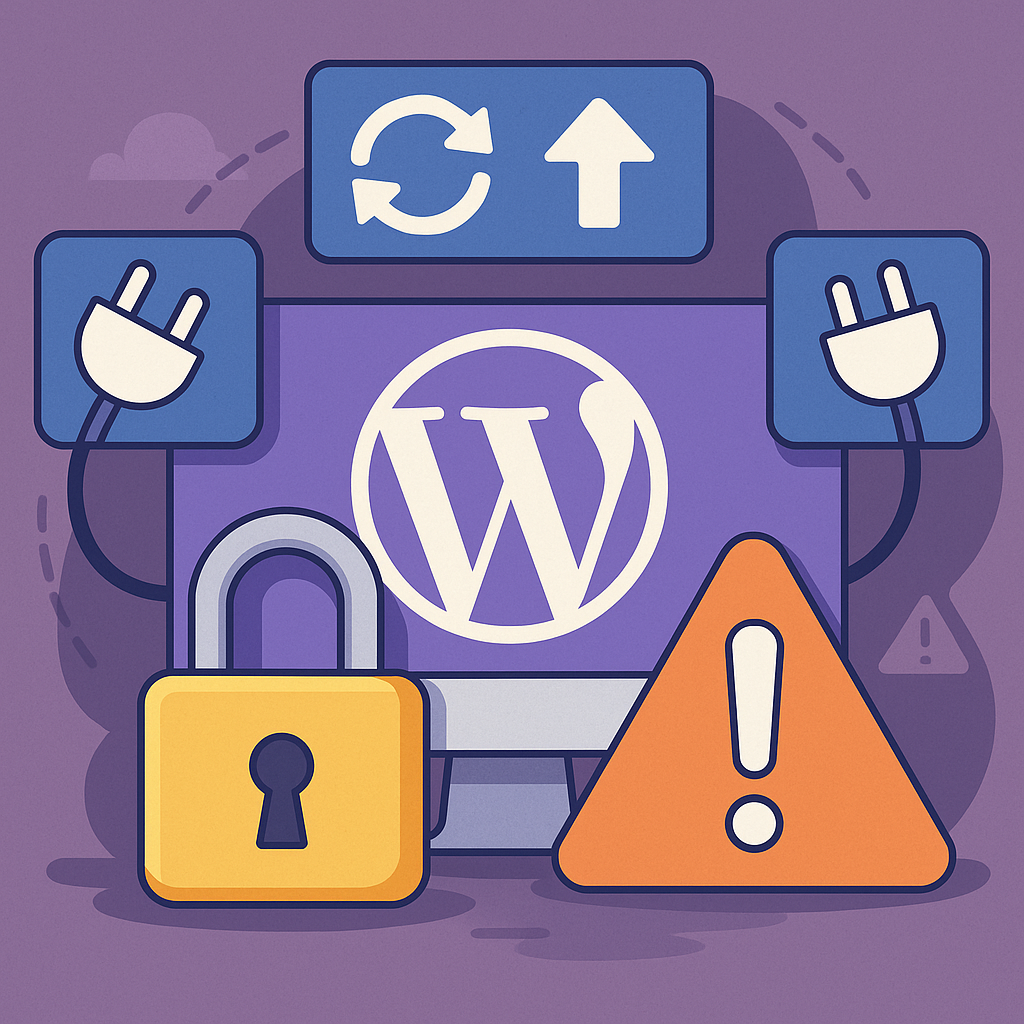 Иллюстрация управления обновлениями и безопасностью: плагины WordPress — проверка, автоматические обновления, резервные копии и предупреждения.