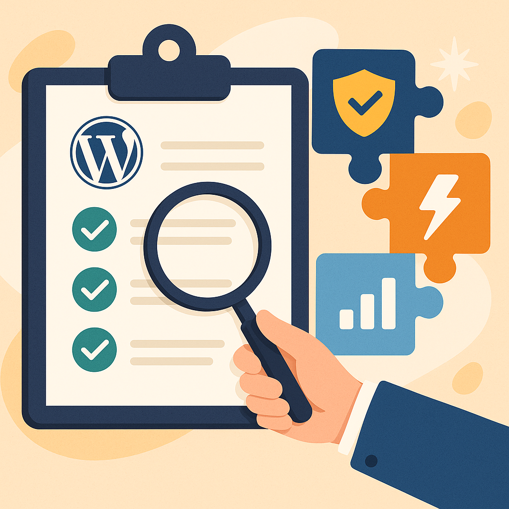 Иллюстрация процесса оценки и сравнения плагинов WordPress по безопасности, совместимости, рейтингу и обновлениям.