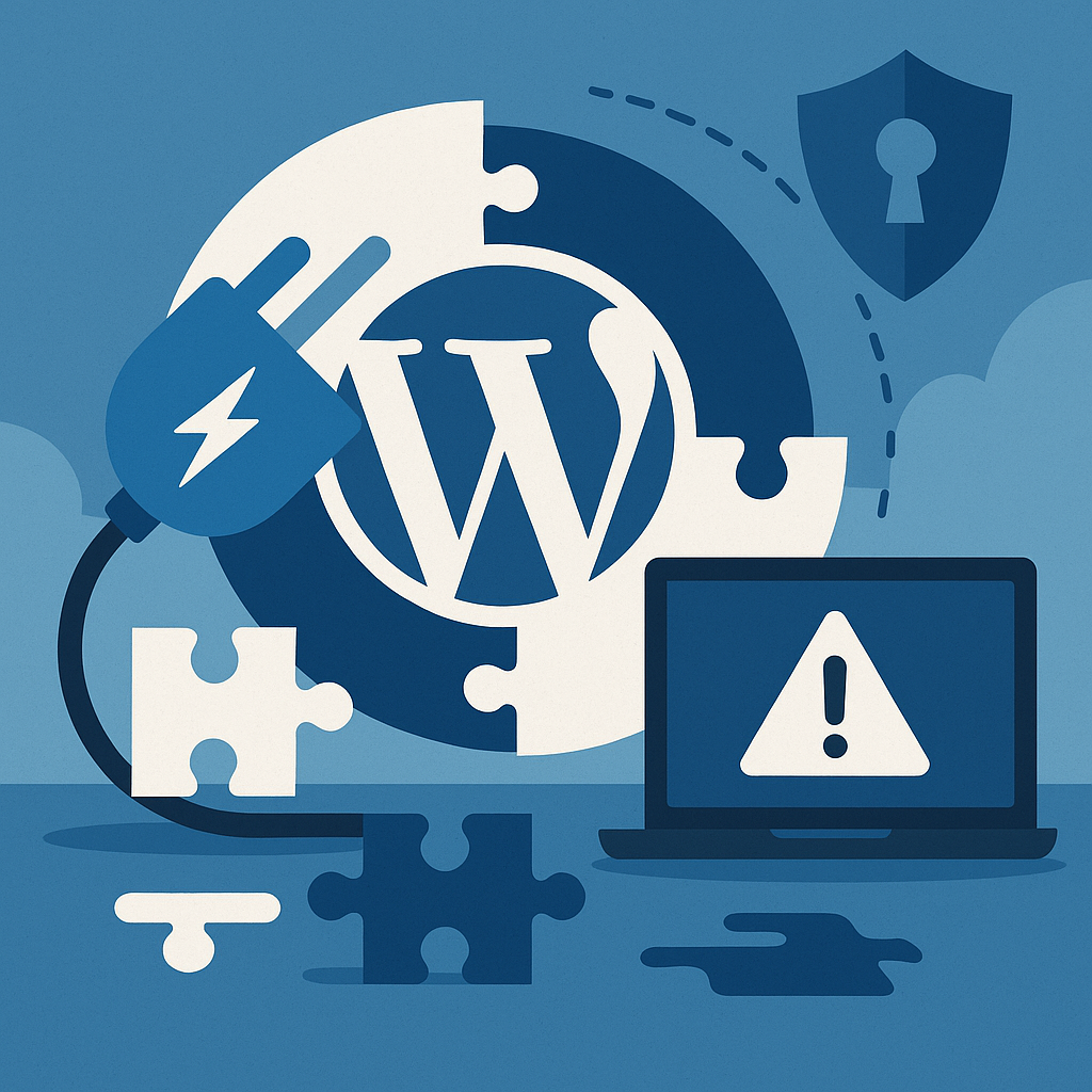 Панель управления с иконками и названиями плагинов WordPress, рядом значки замков и предупреждений, иллюстрирующие риски и необходимость обновлений.